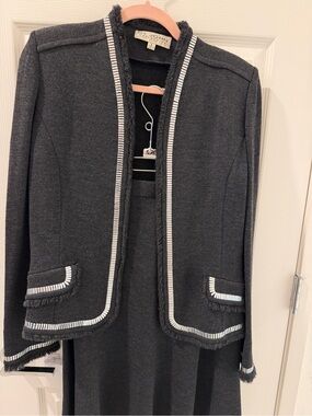 St. John Black Tweed Open-Front Jacket with White Trim